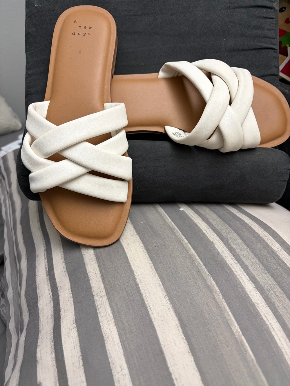 New a.newday White Braided Slide Sandals with Tan Footbed - Women's Casual Slide